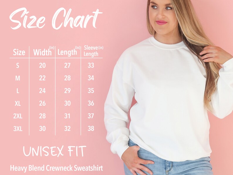 May include: Size chart for a unisex sweatshirt, showing width, length, and sleeve length in inches for sizes S through 3XL.