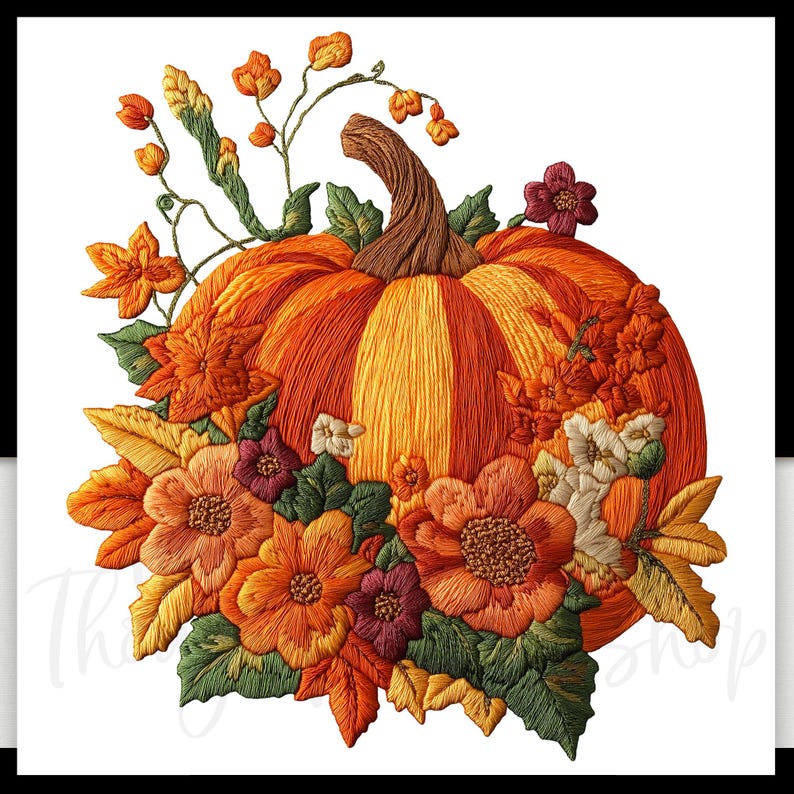 a vibrant embroidered pumpkin adorned with a variety of autumn flowers and leaves, creating a festive and seasonal display.