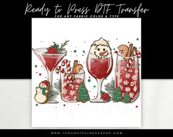 Ready to Press DTF Transfer - Christmas Cocktails T-Shirt Transfer - Snowman Wine Glass Iced Latte - Peppermint Snow Heat Press Transfers