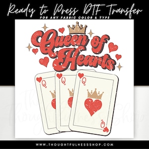 Ready to Press DTF Transfer - Queen of Hearts TShirt Design - Retro Playing Cards Lover Gifts - Heat Press Apparel - Vintage Retro Image