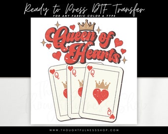 Ready to Press DTF Transfer - Queen of Hearts TShirt Design - Retro Playing Cards Lover Gifts - Heat Press Apparel - Vintage Retro Image