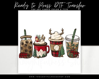 Ready to Press DTF Transfer - Christmas Plaid Lumberjack Iced Coffee - Rustic Cozy Cabin TShirt Transfer - Moose Bear & Wilderness Design