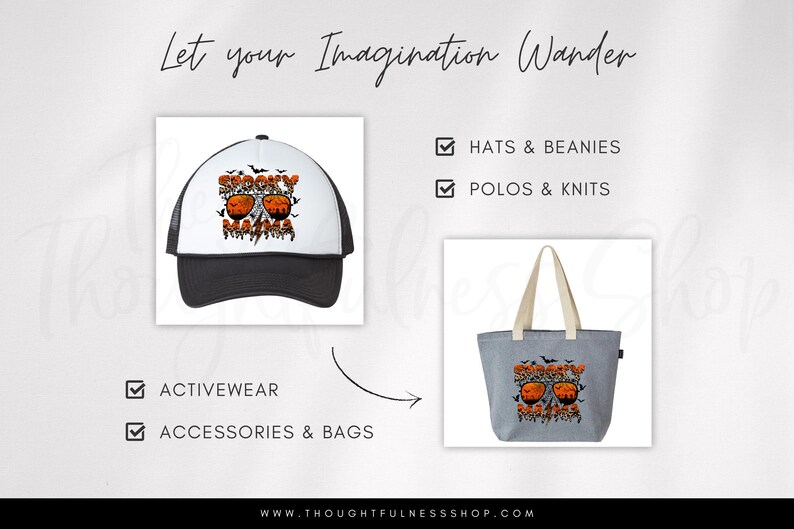 May include: A white trucker hat with a black brim and a black mesh back. The hat has an orange and black graphic that says "Spooky Mama" with a pair of sunglasses and bats. The hat is shown on a white background. The image also shows a gray tote bag with the same graphic on a white background.