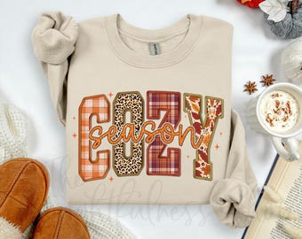 Cozy Season Sweatshirt, Fall Crewneck, Sweater Weather Tee, Faux Embroidery, Women’s Autumn Graphic Hoodie, Thanksgiving Gifts for Her