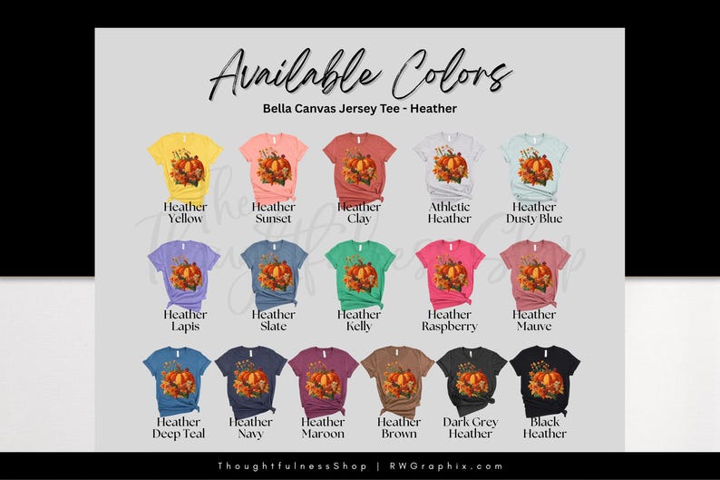 a collection of t-shirts with various colors and designs, including a t-shirt with a pumpkin and fall-themed design.