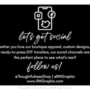 a message encouraging people to get social, with a focus on social media and online engagement. It mentions that the boutique, custom designs, and ready-to-press DTF transfers are the perfect place to see what's next. The message also invites followers to follow the boutique on social media platforms.