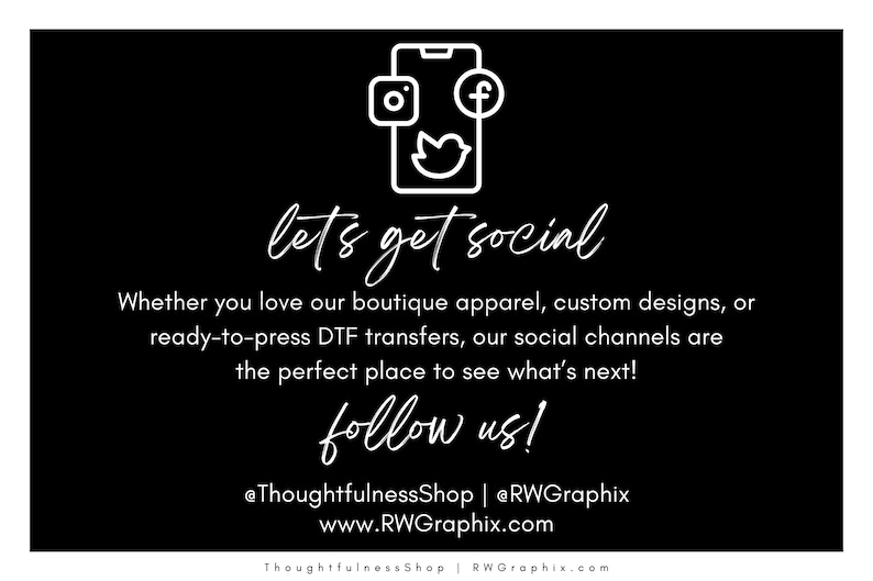 a message encouraging people to get social, with a focus on social media and online engagement. It mentions that the boutique, custom designs, and ready-to-press DTF transfers are the perfect place to see what's next. The message also invites followers to follow the boutique on social media platforms.