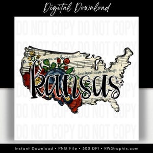 Może przedstawiać: Grafika do pobrania cyfrowego przedstawiająca stan Kansas w konturze mapy. Projekt zawiera elementy kwiatowe, nuty muzyczne i słowo "Kansas" w odważnej, stylizowanej czcionce. Tekst "Digital Download" znajduje się na górze.