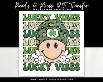 Ready to Press DTF Transfer - Hippy Retro Lucky Vibes T-Shirt Transfer - St. Patrick's Day Peace Sign - Smiley Face Design - St. Patty's Day