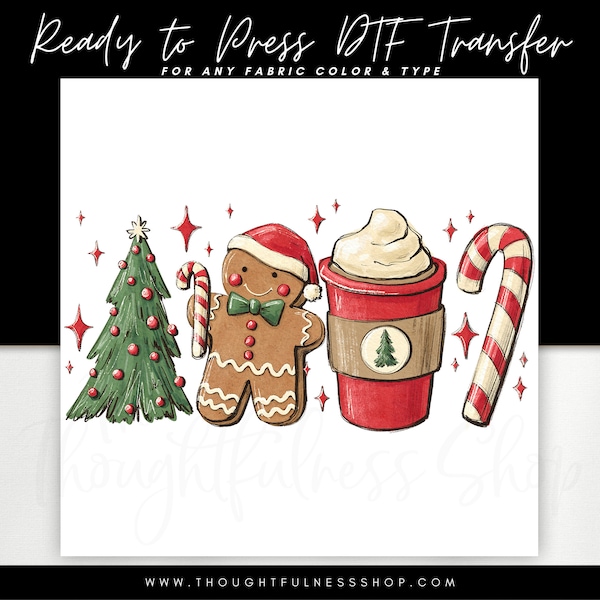 Ready to Press DTF Transfer - Red Christmas Tree Coffee Tshirt Transfer - Gingerbread Boy Candy Cane Latte - Xmas Mood Heat Press Transfer