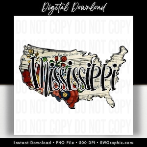 Może przedstawiać: Grafika do pobrania cyfrowego przedstawiająca zarys stanu Mississippi, wypełniona elementami kwiatowymi i nutami. Słowo "Mississippi" jest napisane pogrubioną, stylizowaną czcionką. U góry widnieje napis "Digital Download".