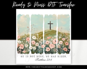 He Is Risen DTF Transfer – Easter Floral Cross, Christian Apparel