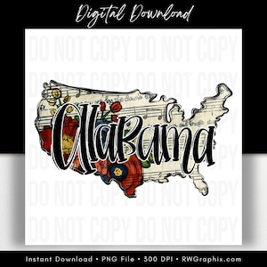 Może przedstawiać: Grafika do pobrania cyfrowego przedstawiająca stan Alabama w kształcie mapy. Mapa jest wypełniona kwiatowymi i nutowymi wzorami, ze słowem "Alabama" w pogrubionej, czarnej czcionce. U góry znajdują się słowa "Pobieranie cyfrowe".