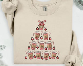 Christmas Coffee Sweatshirt: Latte Cups Tree Design, Cozy Holiday Tee or Hoodie