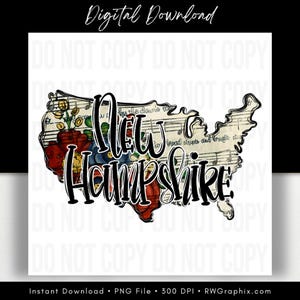 Może przedstawiać: Grafika do pobrania cyfrowego stanu New Hampshire, wypełniona nutami, kwiatami i nazwą stanu pogrubioną czcionką. Projekt zawiera tekst "Digital Download" u góry i "Instant Download • PNG File • 300 DPI • RWGraphix.com" u dołu.