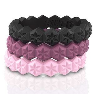 Designed Silicone Wedding Ring for Women - Thin & Stackable Rings - 3 Rings Pack - Comfortable, Soft Rubber Wedding Bands - Stars Collection