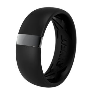 May include: A black silicone ring with a silver band and the word "RINGS" engraved on the side.