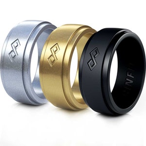Rinfit Silicone Wedding Ring for Men - Soft Rubber Wedding Band Replacement - Infinity Collection - 3 Rings Pack - Metallic colors