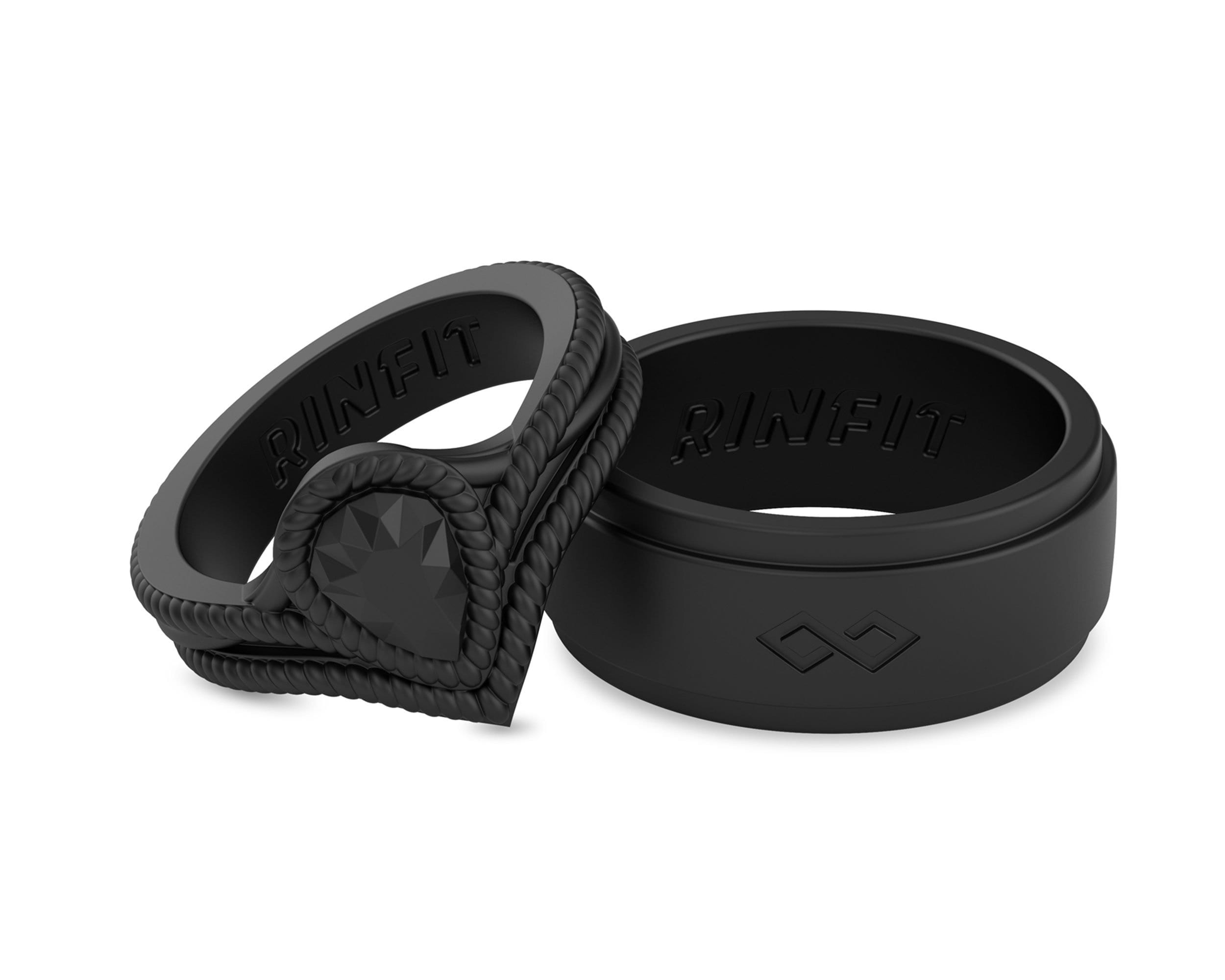 Rinfit Matching Silicone Rings for Couples - Silicone Wedding Bands - Rubber Rings Sets for Him and Her - Infinity and Diamond Pear Black