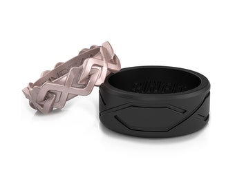 May include: Two silicone rings, one black with a geometric design and the word "QINFI" on the side, and one rose gold with a braided design.
