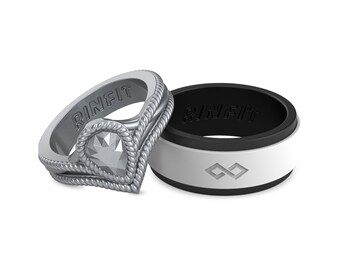 May include: Two silicone rings, one black and white with an infinity symbol and the other silver with a rope design and a clear stone. Both rings have the word "RINFIT" engraved on them.