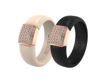 Silicone Rings with Metal Frame and Cubic Zirconia Stones - Silicone Wedding Rings for Women - Rubber Band Replacement - 2 Rings Set