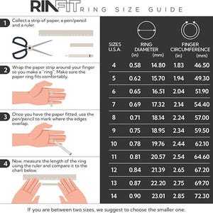 May include: A ring size guide with illustrations showing how to measure your finger for a ring. The chart shows U.S. ring sizes, ring diameter in inches and millimeters, and finger circumference in inches and millimeters.
