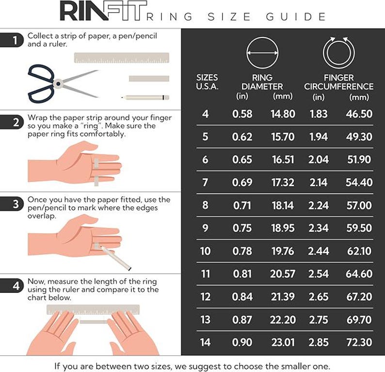 May include: A ring size guide with illustrations showing how to measure your finger for a ring. The chart shows U.S. ring sizes, ring diameter in inches and millimeters, and finger circumference in inches and millimeters.
