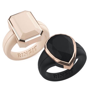 Silicone Wedding Rings for Women - Rubber Band Replacement - Metal Framed Diamond Pear & Emerald Oversized Collections by Rinfit - Rose Gold