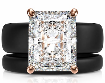 Emerald Cut CZ Silicone Ring Set for Women, Stackable 2-Ring Set, 10x8 mm CZ Stone, Thin Band, Patented Design, GlowStone Collection