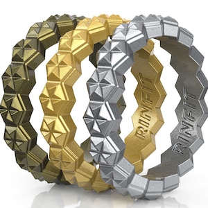 Designed Silicone Wedding Ring for Women - Thin & Stackable Rings - 3 Rings Pack - Comfortable, Soft Rubber Wedding Bands - Stars Collection