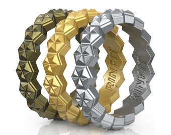 May include: Three silicone rings in gold, silver, and olive green with a geometric pattern and the word "RINGFIT" embossed on the side.
