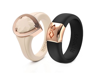 Silicone Wedding Rings for Women - Rubber Band Replacement - Metal Framed Diamond Pear & Metal Infinity Collections by Rinfit - 2 Rings
