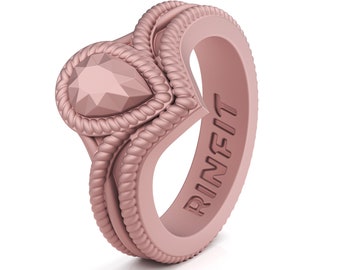 May include: A rose gold silicone ring with a pear-shaped stone and a rope-like design. The ring is engraved with the word "RINFIT".