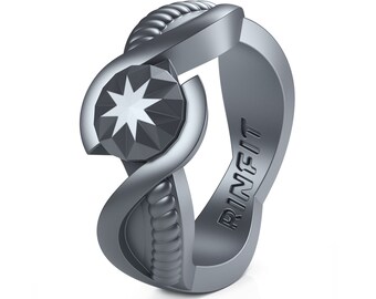 May include: A silver ring with a star-shaped design and the word "RINFIT" engraved on the side.