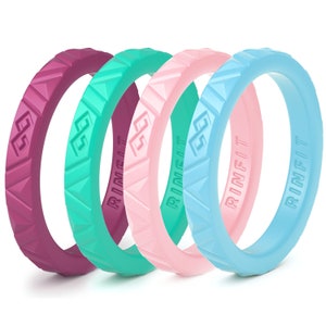 Designed Silicone Wedding Ring for Women. Set of Thin and Stackable Rings. 4 Bands Pack. Affordable, Comfortable, Soft Rubber Wedding Bands.
