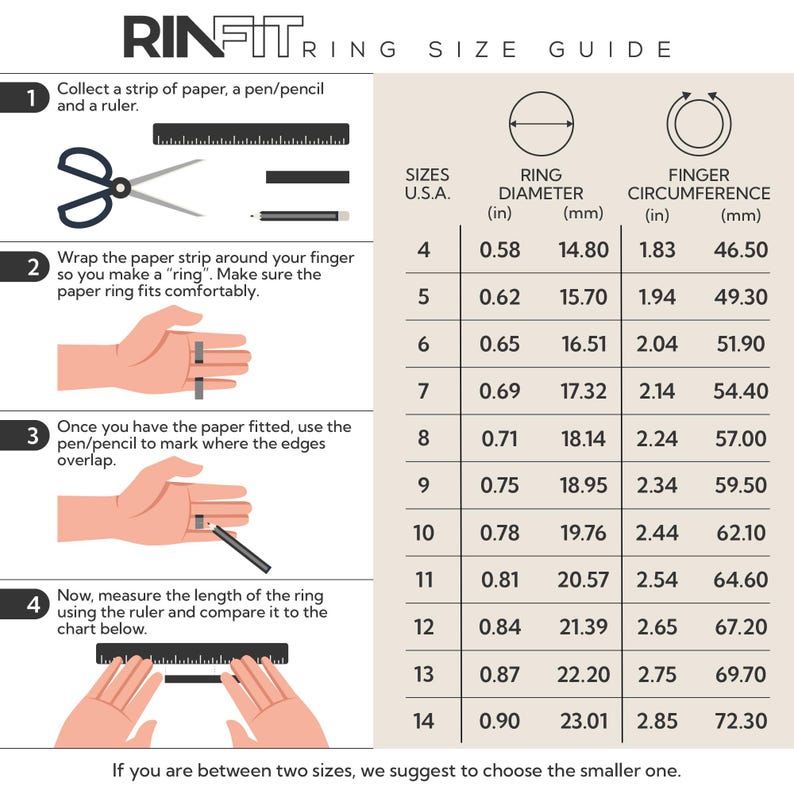 May include: A chart showing how to measure your finger size for a ring. The chart includes finger circumference in inches and millimeters, as well as ring diameter in inches and millimeters. The chart also includes a visual guide showing how to measure your finger using a strip of paper.