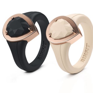 Silicone Wedding Rings for Women - Rubber Band Replacement - New Metal Framed Diamond Pear Collection by Rinfit - Set of 2 Rings