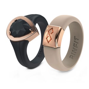 Silicone Wedding Rings for Women - Rubber Band Replacement - Metal Framed Diamond Pear & Metal Infinity Collections by Rinfit - 2 Rings
