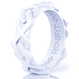 May include: A white silicone ring with a braided design and the word "RINFIT" embossed on the side.