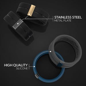 May include: Two black silicone rings with a stainless steel metal plate insert. One ring has a gold accent. The rings are on a black background.  HIGH QUALITY SILICONE | STAINLESS STEEL METAL PLATE