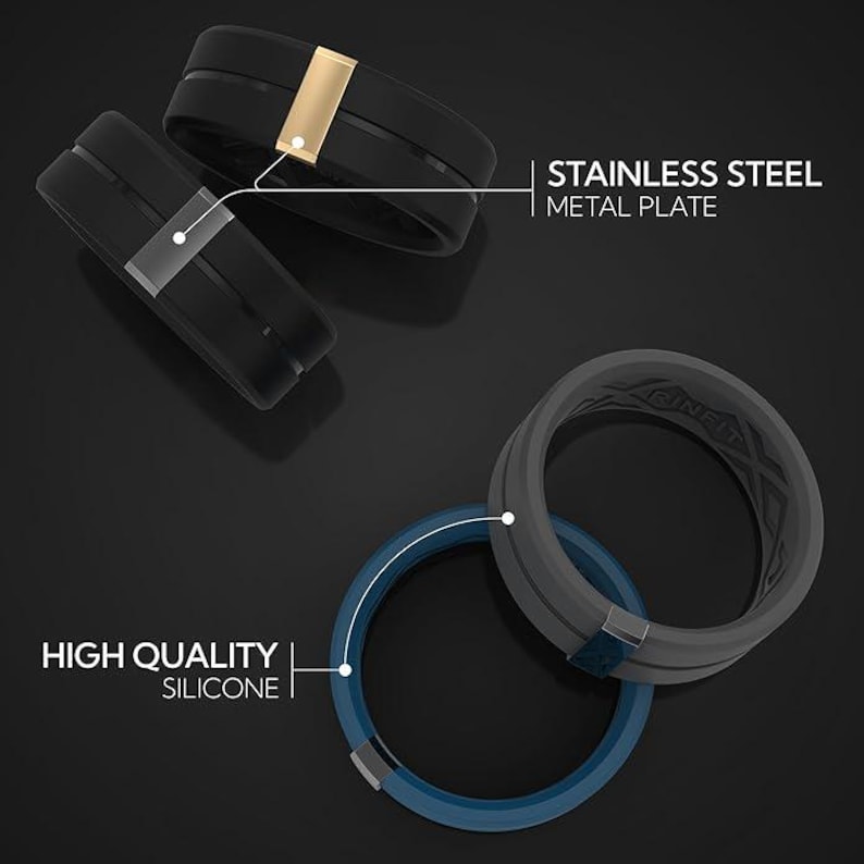May include: Two black silicone rings with a stainless steel metal plate insert. One ring has a gold accent. The rings are on a black background.  HIGH QUALITY SILICONE | STAINLESS STEEL METAL PLATE