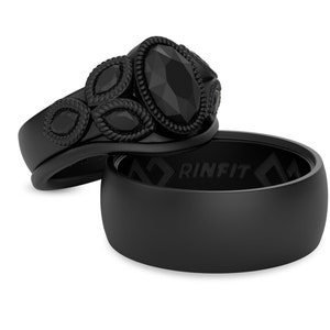 Rinfit Matching Silicone Rings for Couples - Silicone Wedding Bands - Rubber Rings Sets for Him and Her - Step Edge and Diamond Oval Black