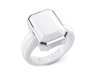 May include: White ring with a white, octagonal, gem-shaped sensor on top. The ring has the word "RINFIT" printed on the band.