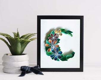 Flower Vine Moon Wall Decor, Paper Quilling, Homemade Boho Moon Wall Art with Quilled Flowers