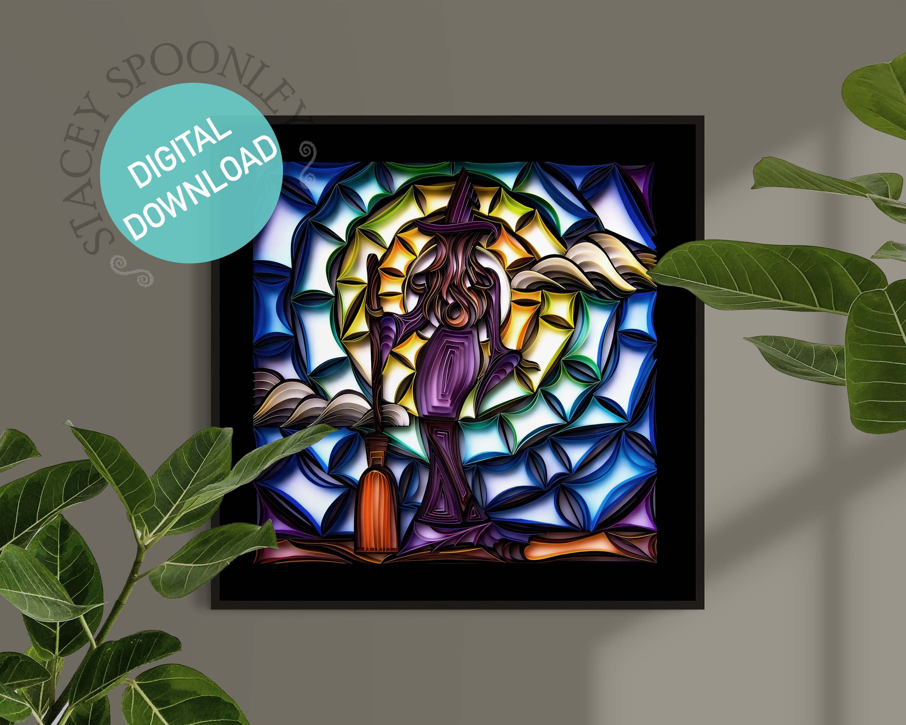 Witchy Art Witch with Full Moon in Night Sky Stained Glass | Etsy