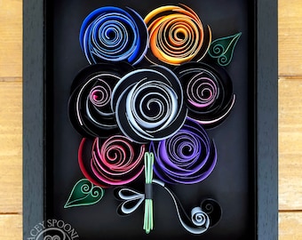 Paper Rose Bouquet, Quilling Flowers Black Roses, Framed Quilling Art
