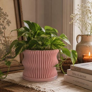 May include: A light pink cylindrical planter with a vertical ribbed or wavy texture. The planter holds a trailing pothos plant with variegated green and cream-colored leaves that spill over the sides of the container.