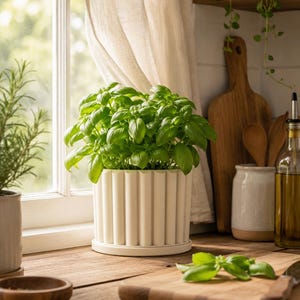 May include: A vibrant green basil plant grows in a cylindrical white planter featuring a vertical fluted or ribbed texture. The planter sits on a matching circular saucer, providing a clean and structured look for the lush, leafy herb.
