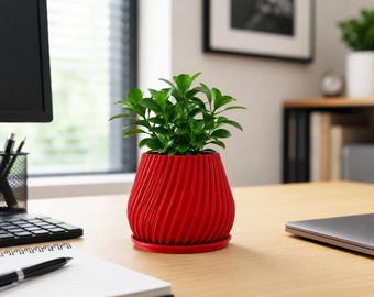3D Printed Textured Flower Pot & Vase | Twisted Rib Planter with Drainage Tray | Succulents Herbs Dried Flowers | Multiple Colors